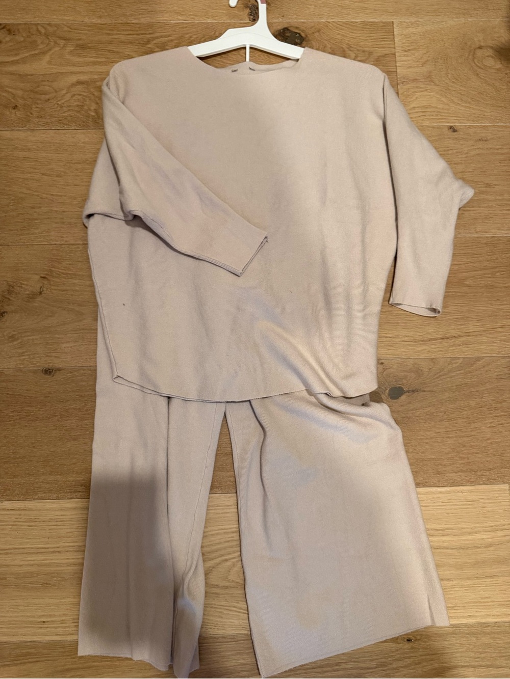 Sioni Two-Piece Knit Top and Wide-Leg Pants in Light Beige